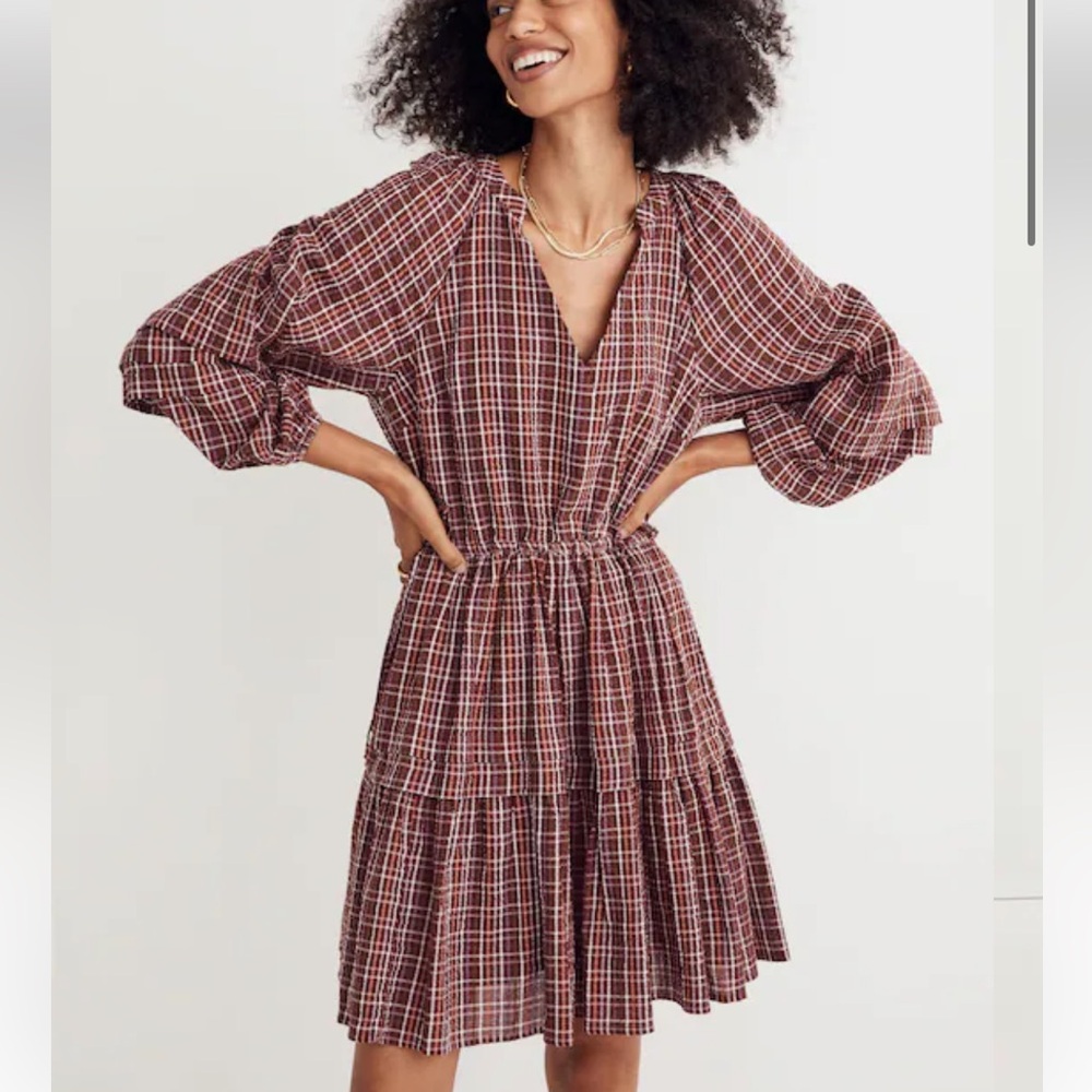 NEW Madewell Seersucker Wrap Mini Dress in Dark Merlot StripSz XS NWT - Picture 2 of 15